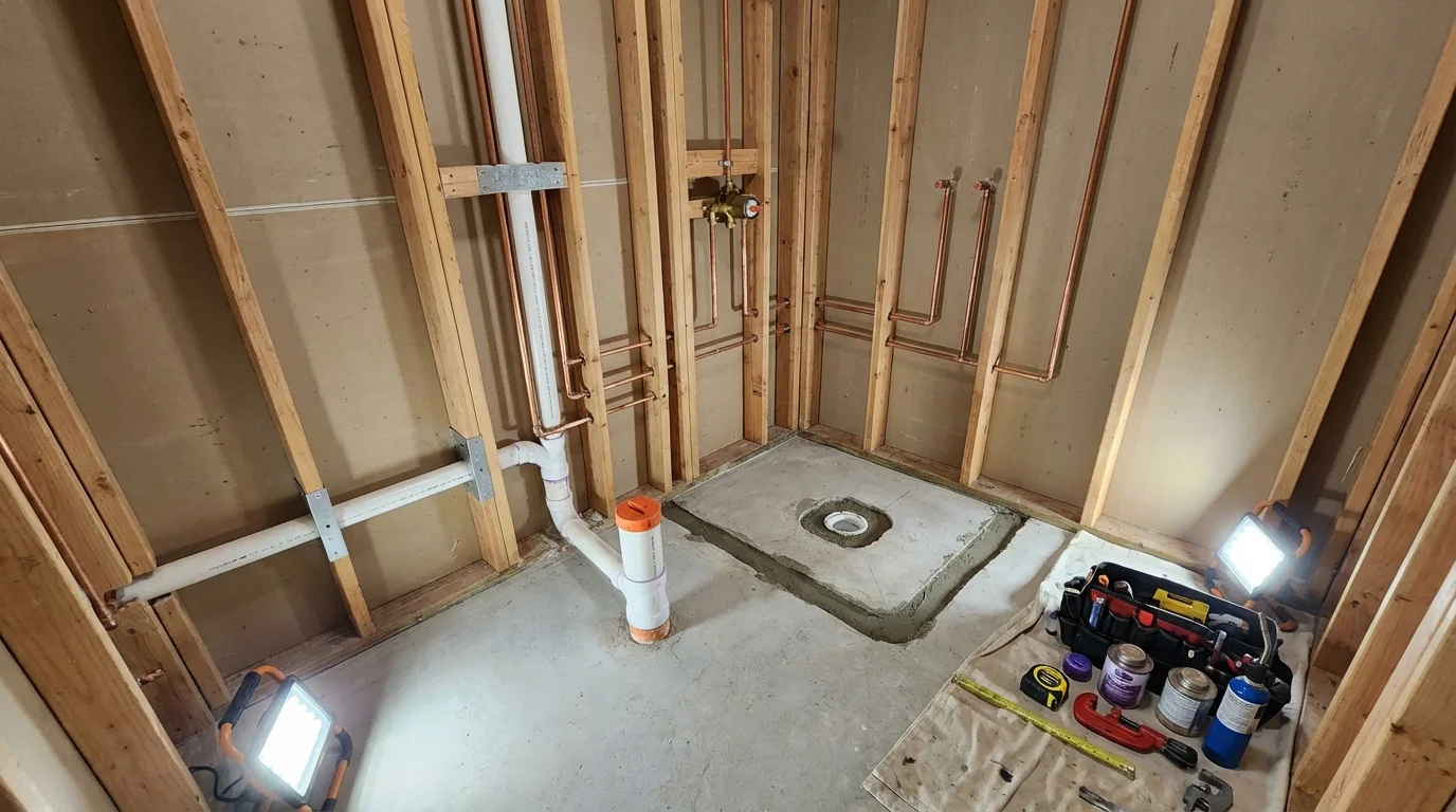Bathroom rough-in plumbing during remodel by Johns Plumbing LLC in Peabody