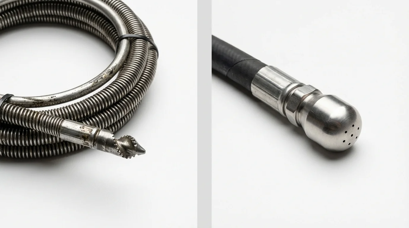 Drain snake cable and hydro jetting nozzle used for drain cleaning in Peabody, KS