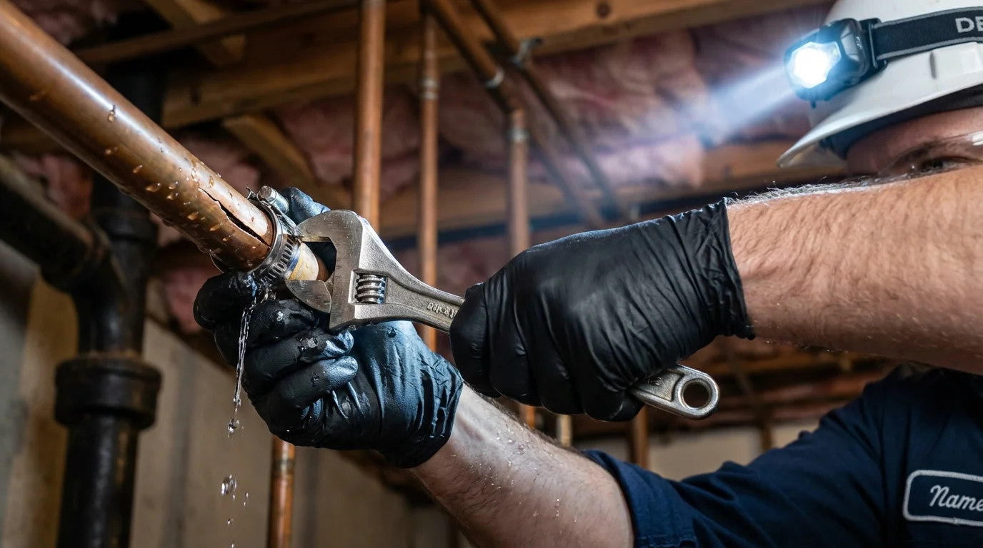 Emergency pipe clamp repair being performed by a Johns Plumbing LLC plumber in Peabody