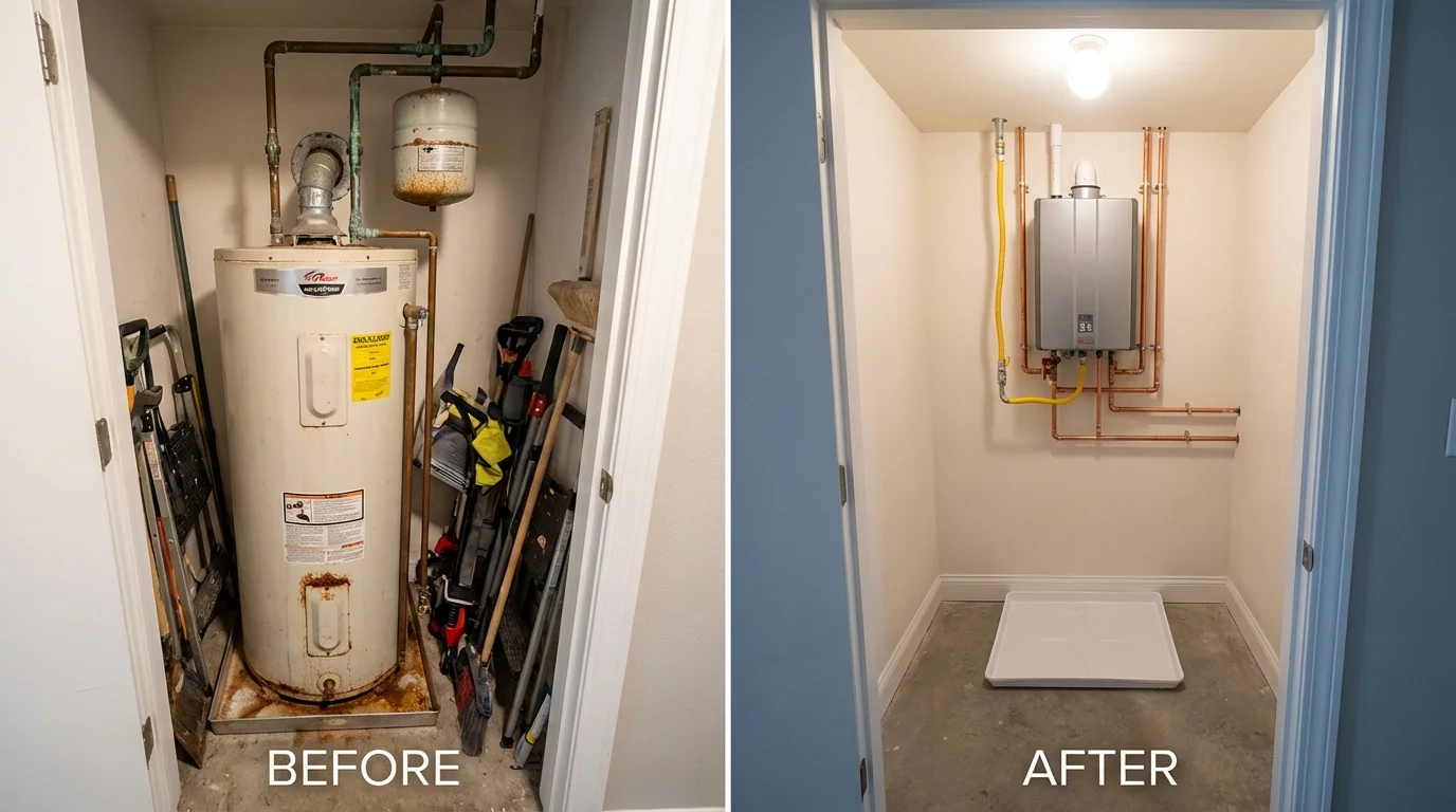 Tank water heater versus wall-mounted tankless unit comparison for Peabody, KS homeowners