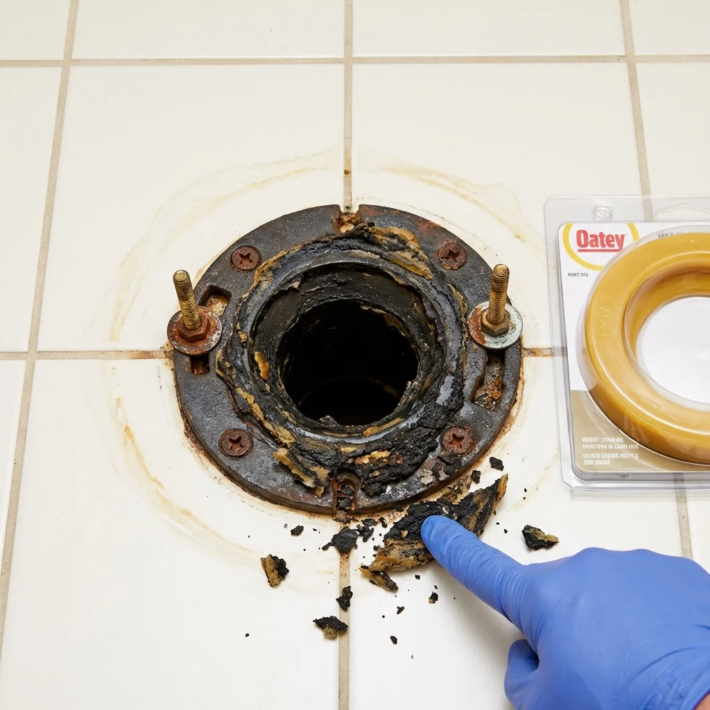 Failed wax ring showing water seepage at the base of a toilet in a Peabody, KS home