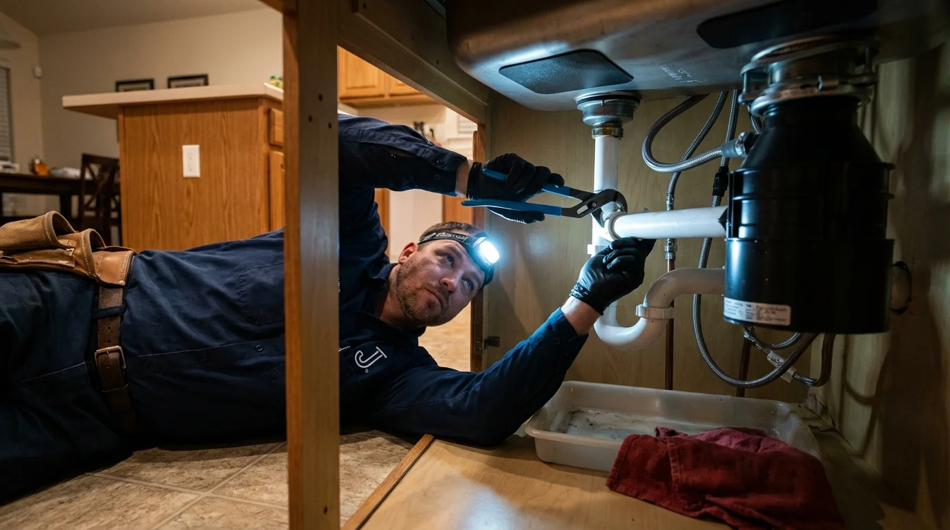 P-trap and supply line connections under a kitchen sink showing a common leak point in Peabody, KS